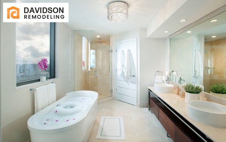 Family bathroom with smart lighting and large mirrors to enhance space