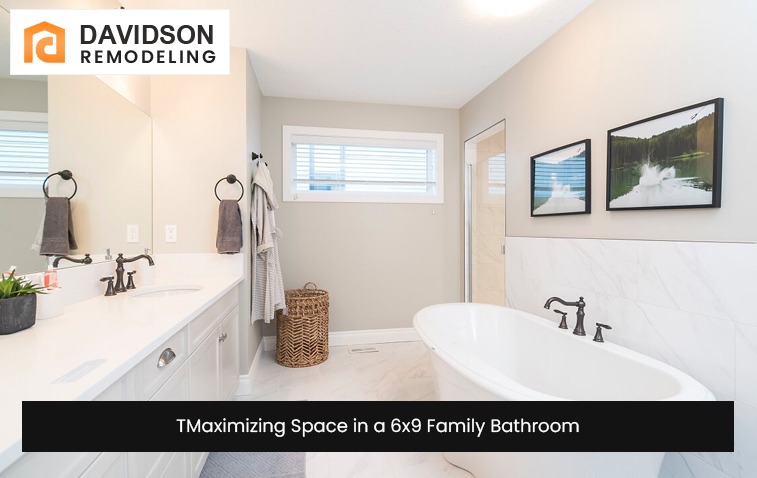 Compact 6×9 family bathroom layout with efficient fixtures and storage