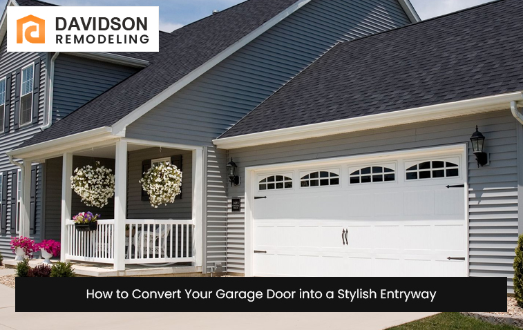 A transformed garage door entryway with added windows, lighting features, and a contemporary exterior design.